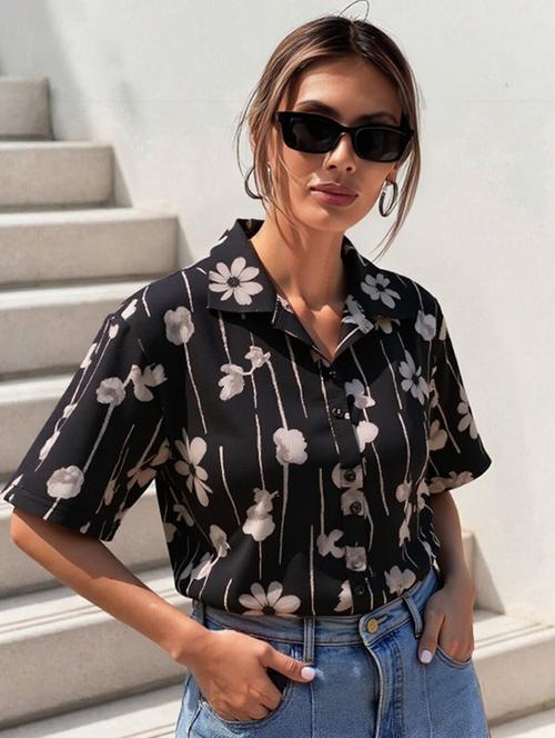 women printed collared short sleeve crop shirt - 21983467 - Very Small Image - 1