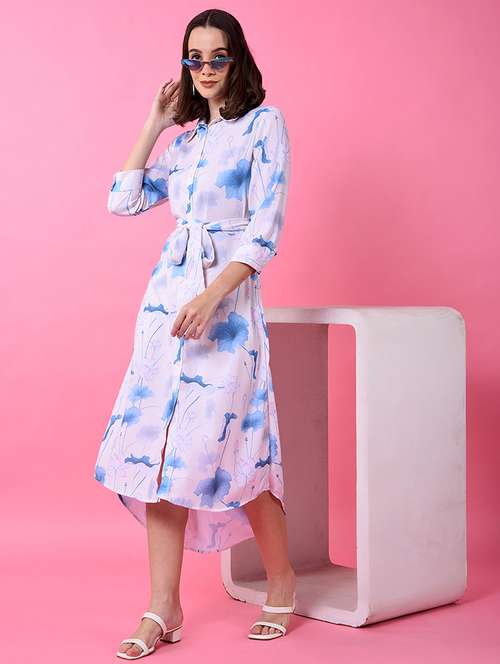 women printed collared high low shirt dress - 21986020 - Very Small Image - 1