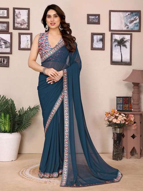 women solid with bordered saree with blouse - 21988138 - Very Small Image - 1