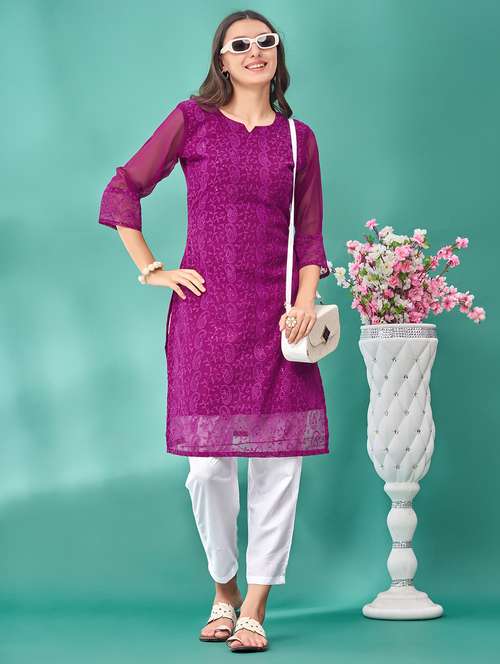 women solid with work three quarter sleeve straight kurta - 21992381 - Very Small Image - 1