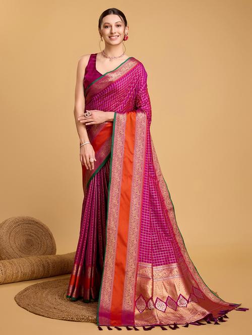 women checkered bordered saree with blouse - 21998800 - Very Small Image - 1