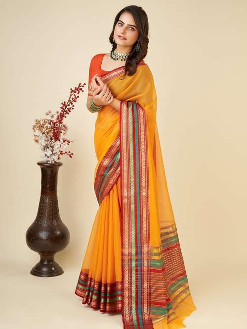 women solid with bordered kota doria saree with blouse - 22001308 - Very Small Image - 1