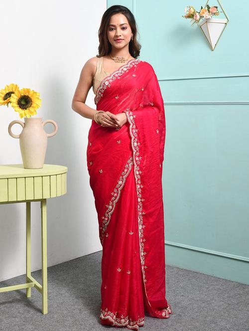 women solid with work embellished saree with blouse - 22014432 - Very Small Image - 1