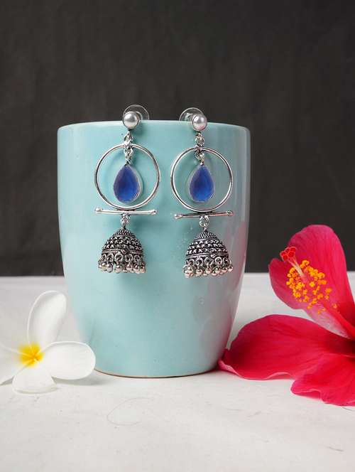 blue & silver toned classic design crystal drop jhumki - 22014466 - Very Small Image - 1