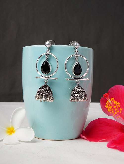 black & silver toned classic design crystal drop jhumki - 22014469 - Very Small Image - 1