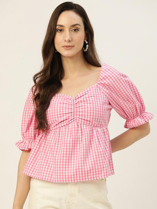 women checkered puff sleeve peplum top - 22028392 - Very Small Image - 1