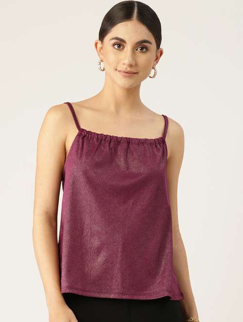 women purple solid shoulder strap tank top - 22028403 - Very Small Image - 1