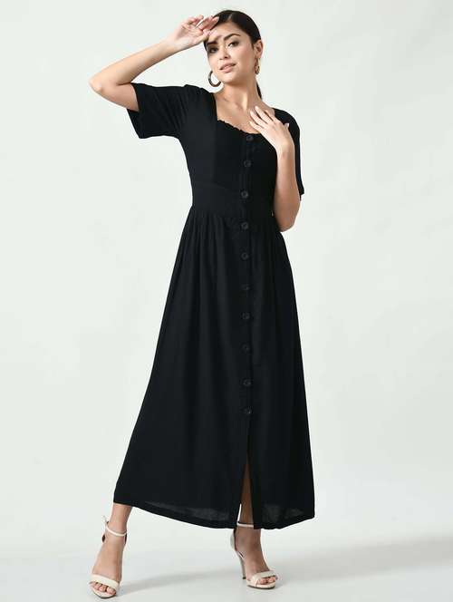 women black solid short sleeve a-line dress - 22028856 - Very Small Image - 1