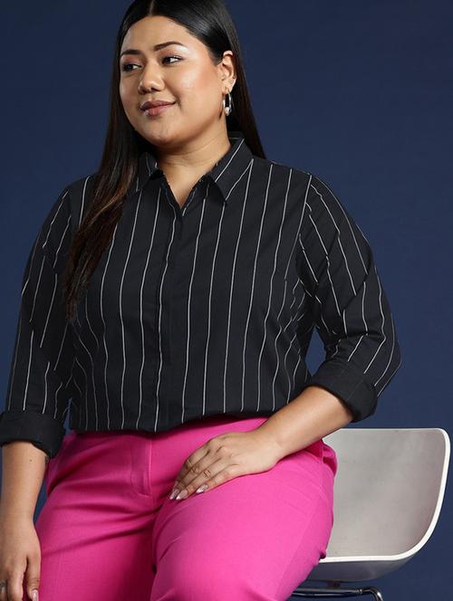 women plus size striped collared long sleeve shirt - 22038492 - Very Small Image - 1