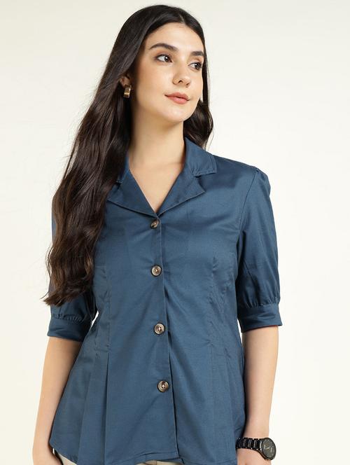 women solid lapel collar regular fit shirt - 22038622 - Very Small Image - 1