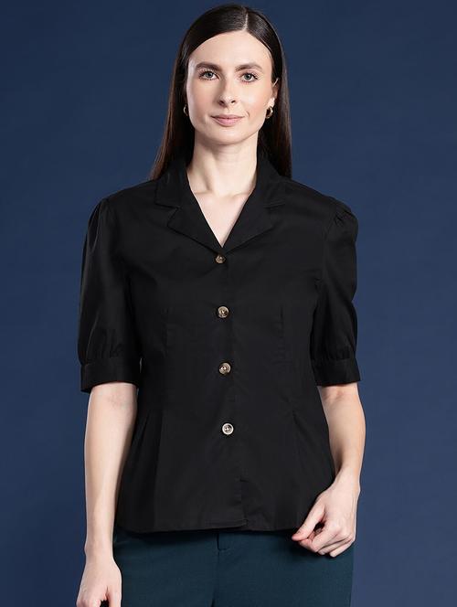 women solid lapel collar puff sleeve shirt - 22038634 - Very Small Image - 1