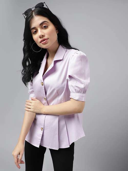 women solid lapel collar regular fit shirt - 22038637 - Very Small Image - 1