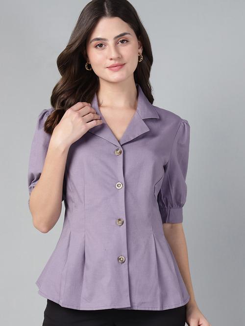 women solid lapel collar puff sleeve shirt - 22038793 - Very Small Image - 1