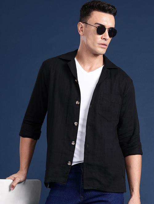 men solid cuban collared long sleeve shirt - 22038993 - Very Small Image - 1