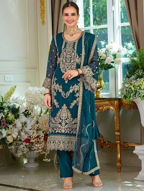 women solid with work long sleeve kurta pant with dupatta set - 22052726 - Very Small Image - 1