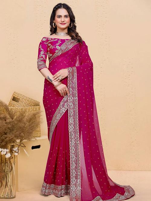 women solid with work embellished sareev with blouse - 22059770 - Very Small Image - 1