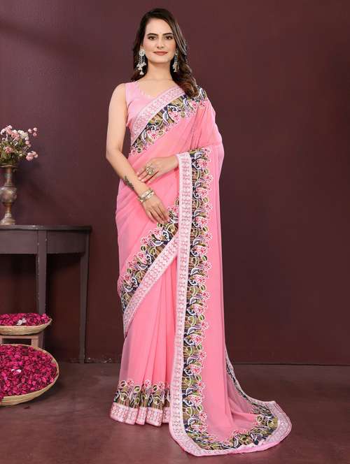 pink georgette embroidered saree with blouse - 22073950 - Very Small Image - 1