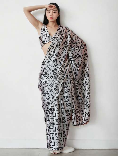 women ikat printed ready to wear saree with blouse - 22074679 - Very Small Image - 1