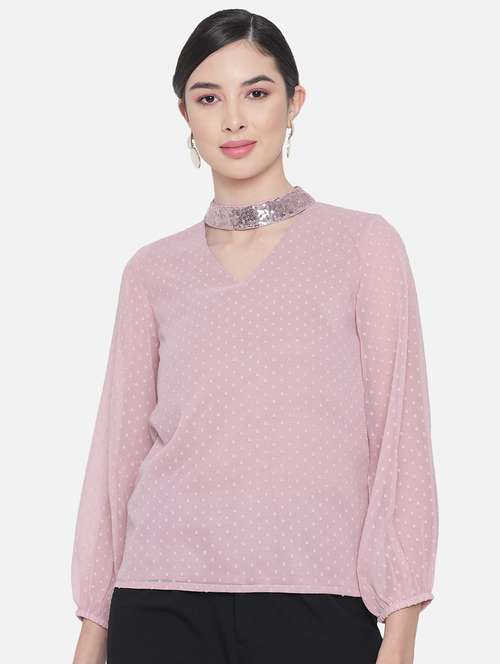 women solid choker neck puff sleeve regular top - 22082179 - Very Small Image - 1