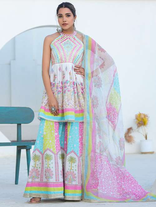 women embroidered sleeveless kurta sharara with dupatta set - 22093274 - Very Small Image - 1