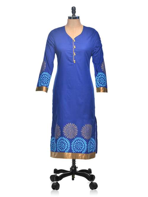 blue long sleeved printed long kurta - 961079 - Very Small Image - 1