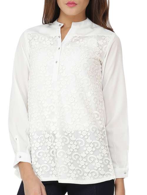 embroidered band collar top - 11335587 - Very Small Image - 1