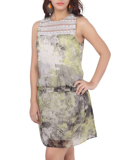 sleeveless lace yoke printed dress - 1147862 - Very Small Image - 1