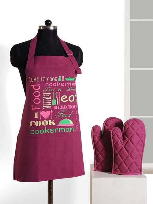 set of 3 maroon and cream colour printed cotton kitchen - 11758374 - Very Small Image - 1