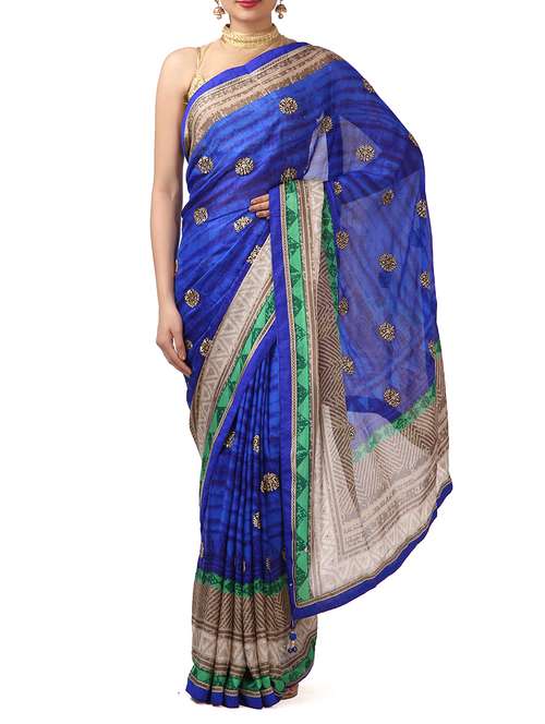 women's foil print blue colored saree with blouse - 12102925 - Very Small Image - 1