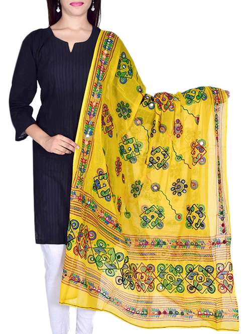 yellow cotton embellished dupatta - 12372867 - Very Small Image - 1