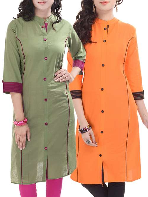 orange & green cotton combos kurta - 12776008 - Very Small Image - 1