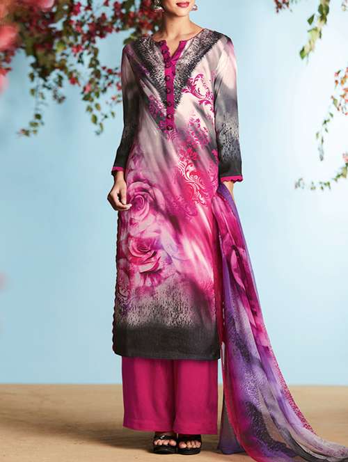 multi colored printed unstitched plazzo suit - 12888401 - Very Small Image - 1