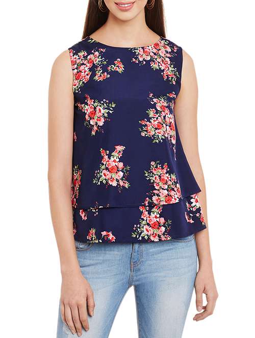 navy blue floral printed crepe top - 12998091 - Very Small Image - 1
