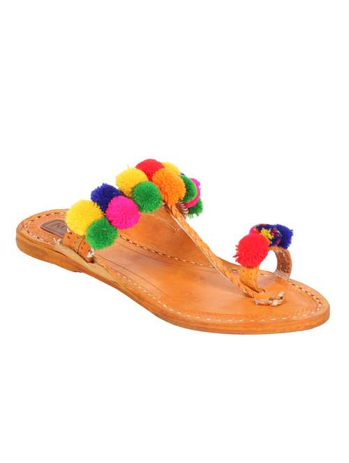 multi colored pom poms one toe kolhapuris - 13001895 - Very Small Image - 1