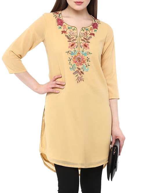 beige georgette high-low kurta - 13103864 - Very Small Image - 1