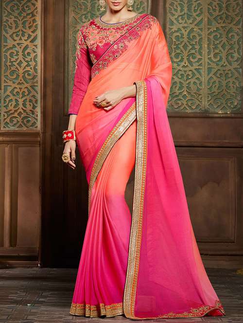 women ombre bordered saree with blouse - 13372143 - Very Small Image - 1
