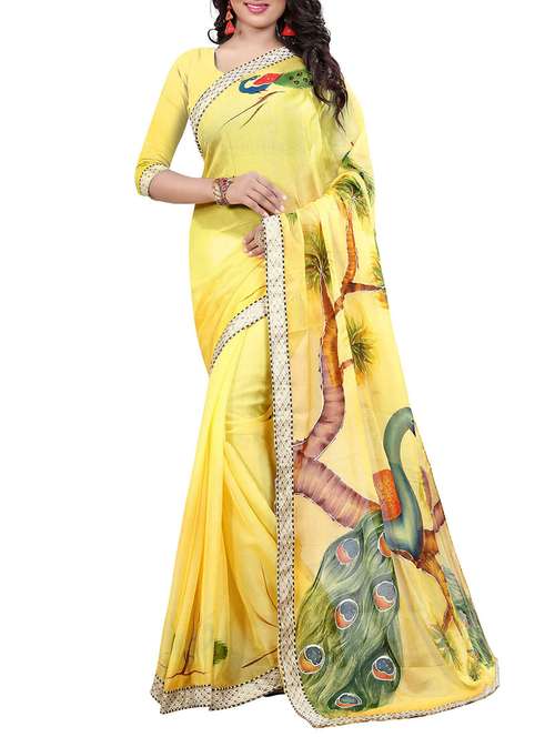 yellow nylon printed saree with blouse - 13389496 - Very Small Image - 1