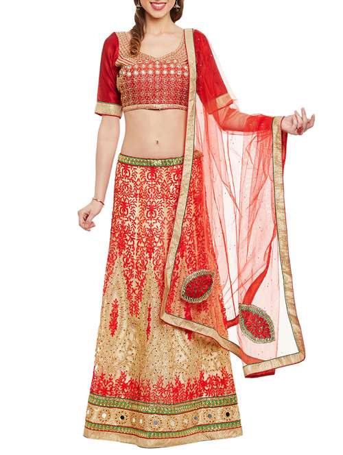 beige & red net embroidered unstitched lehenga - 13714315 - Very Small Image - 1