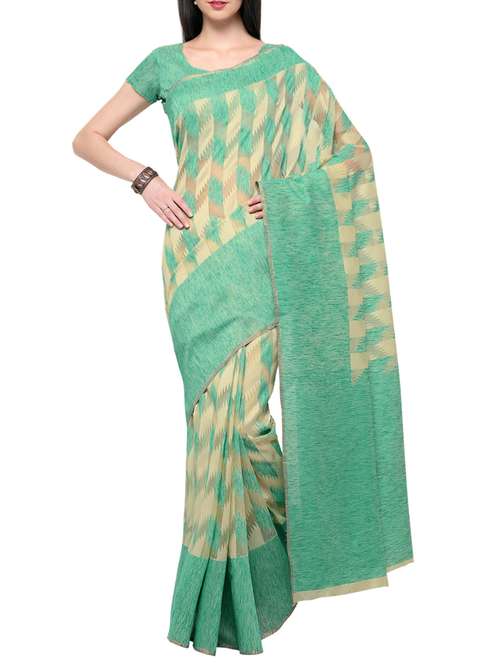 beige & green net woven saree with blouse - 13754103 - Very Small Image - 1