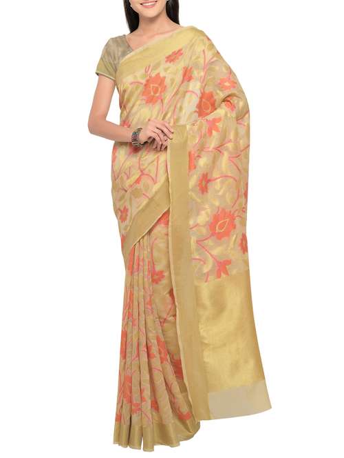 beige chanderi woven saree with blouse - 13754114 - Very Small Image - 1