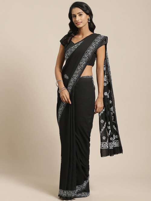 black georgette hand worked lucknowi chikankari saree with blouse - 13925110 - Very Small Image - 1
