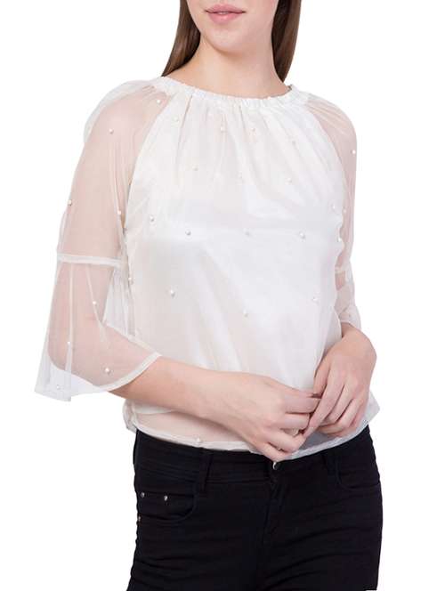 gathered neck pearl embellished top - 13972388 - Very Small Image - 1