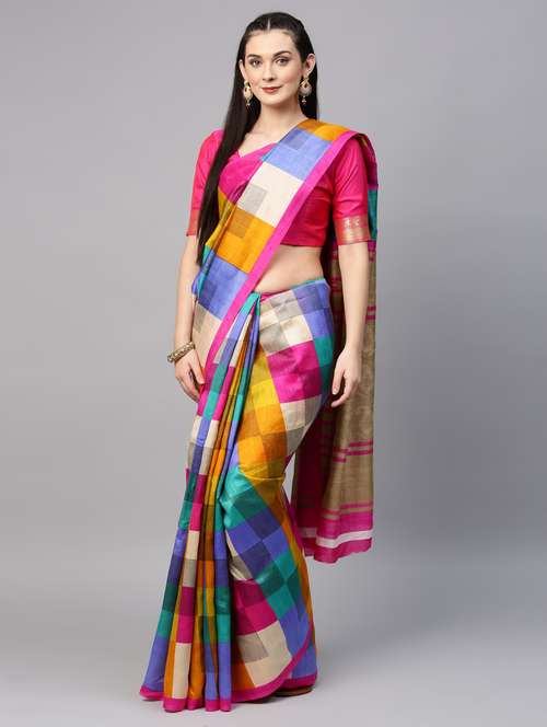 multi colored silk printed saree with blouse - 14076411 - Very Small Image - 1