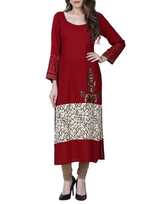 maroon viscose straight kurta - 14087116 - Very Small Image - 1