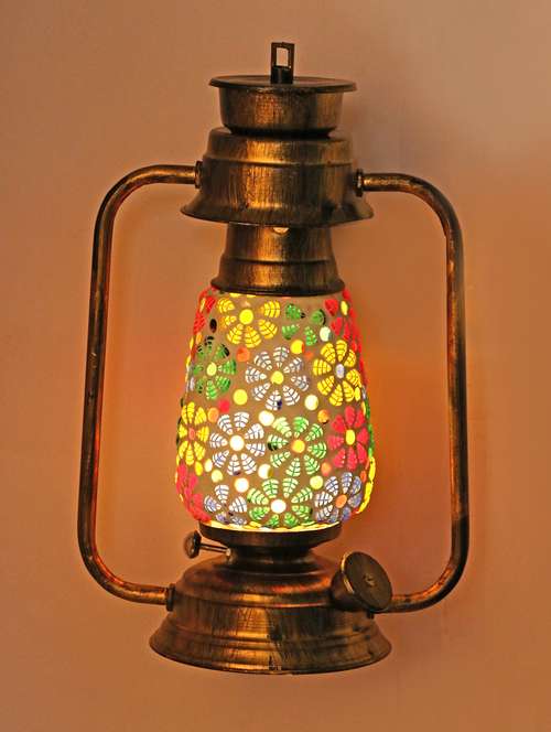 antique pendant hanging lantern lamp light with colorful glass - 14131948 - Very Small Image - 1