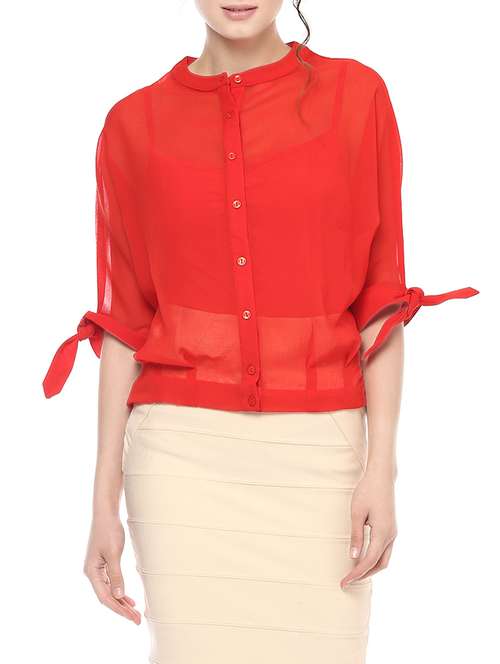 sheer button down smocked top - 14154136 - Very Small Image - 1