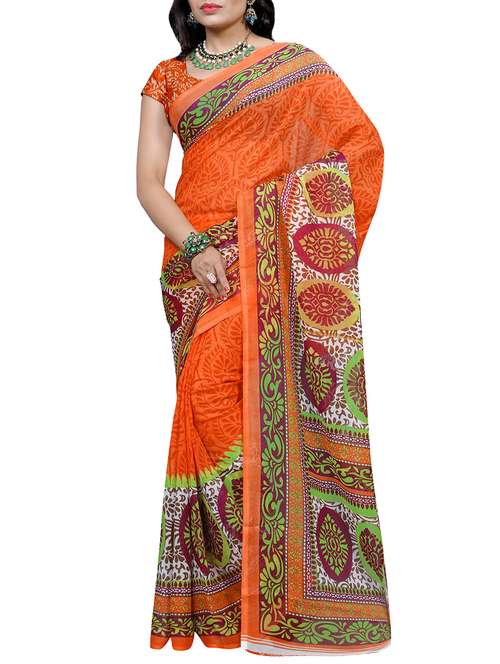 orange georgette printed saree with blouse - 14166604 - Very Small Image - 1