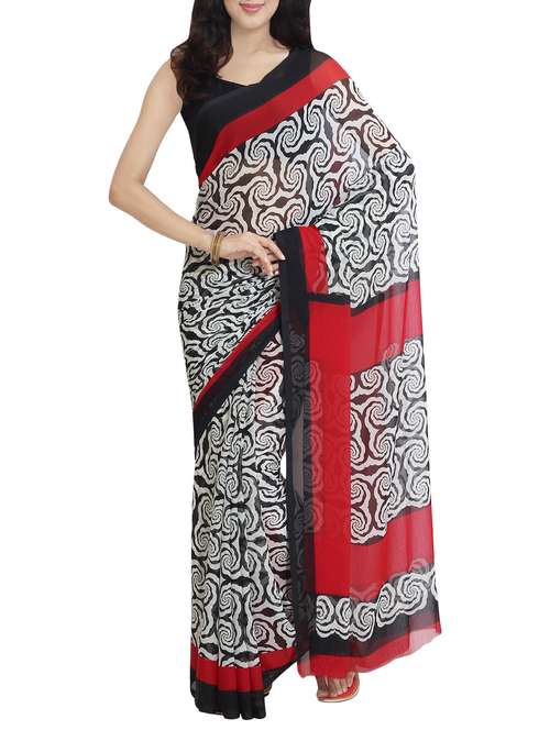 white chiffon printed saree with blouse - 14172940 - Very Small Image - 1