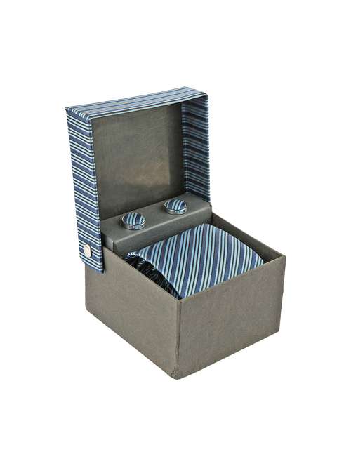 blue micro fiber tie, pocket square and a pair cufflinks - 14266340 - Very Small Image - 1