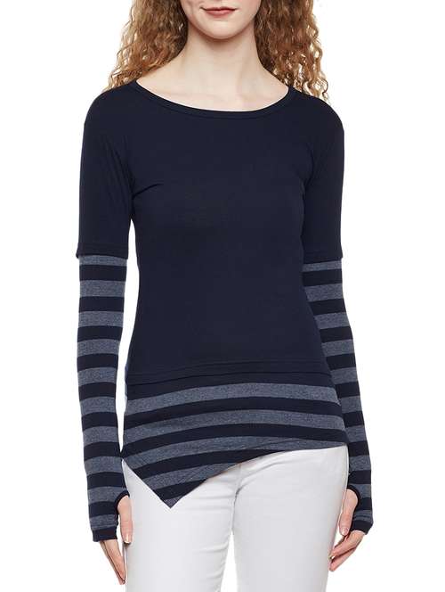 thumb hole sleeved striped tee  - 14384013 - Very Small Image - 1